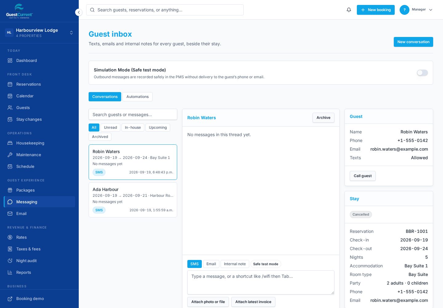 GuestCurrent messaging interface using fictional demonstration data